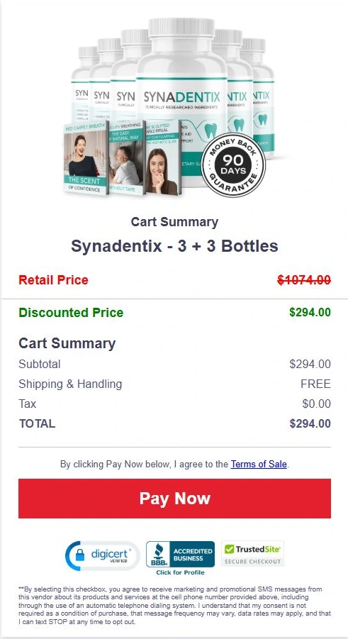 Example Synadentix six-bottle checkout summary showing $294