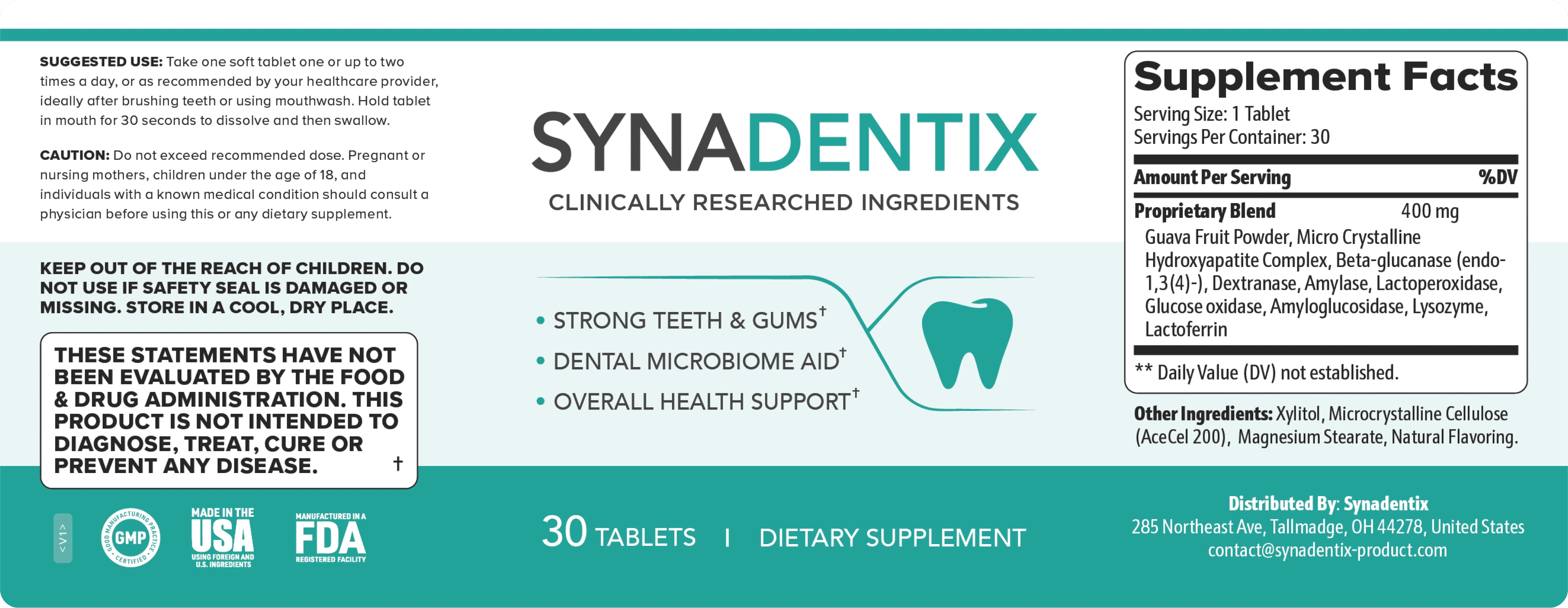Synadentix complete label with 400 mg blend, one-tablet serving and directions